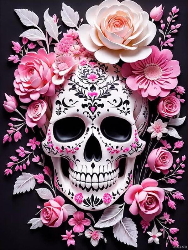 PUAGEMTI Pink Flower Sugar Skull Diamond Painting, Day of The Dead 5D Sparkling Diamond Painting Kit for Adults Beginners Home Wall Decor DIY Gift Drill Round Art Gems 12x16 Inch