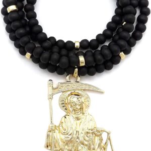 Santa Muerte Pendant 6 mm 30 inches Wooden Bead Necklace in Gold Tone