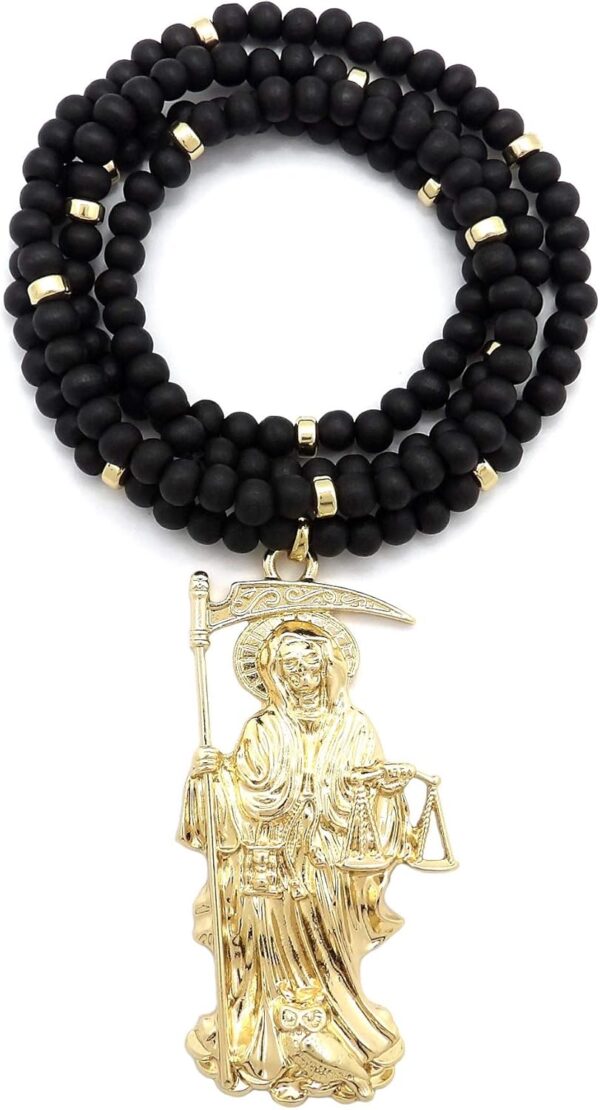 Santa Muerte Pendant 6 mm 30 inches Wooden Bead Necklace in Gold Tone