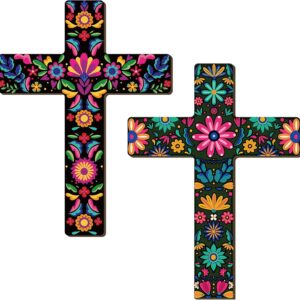 Pinkunn 2 Pcs Floral Cross Wall Decor Mexican Cross Decor Hand Painted Wood Wall Art Mexican Wall Art Spanish Style Crucifix Wall Cross for Home Room Church Decoration (8.7 x 11.8 inches)