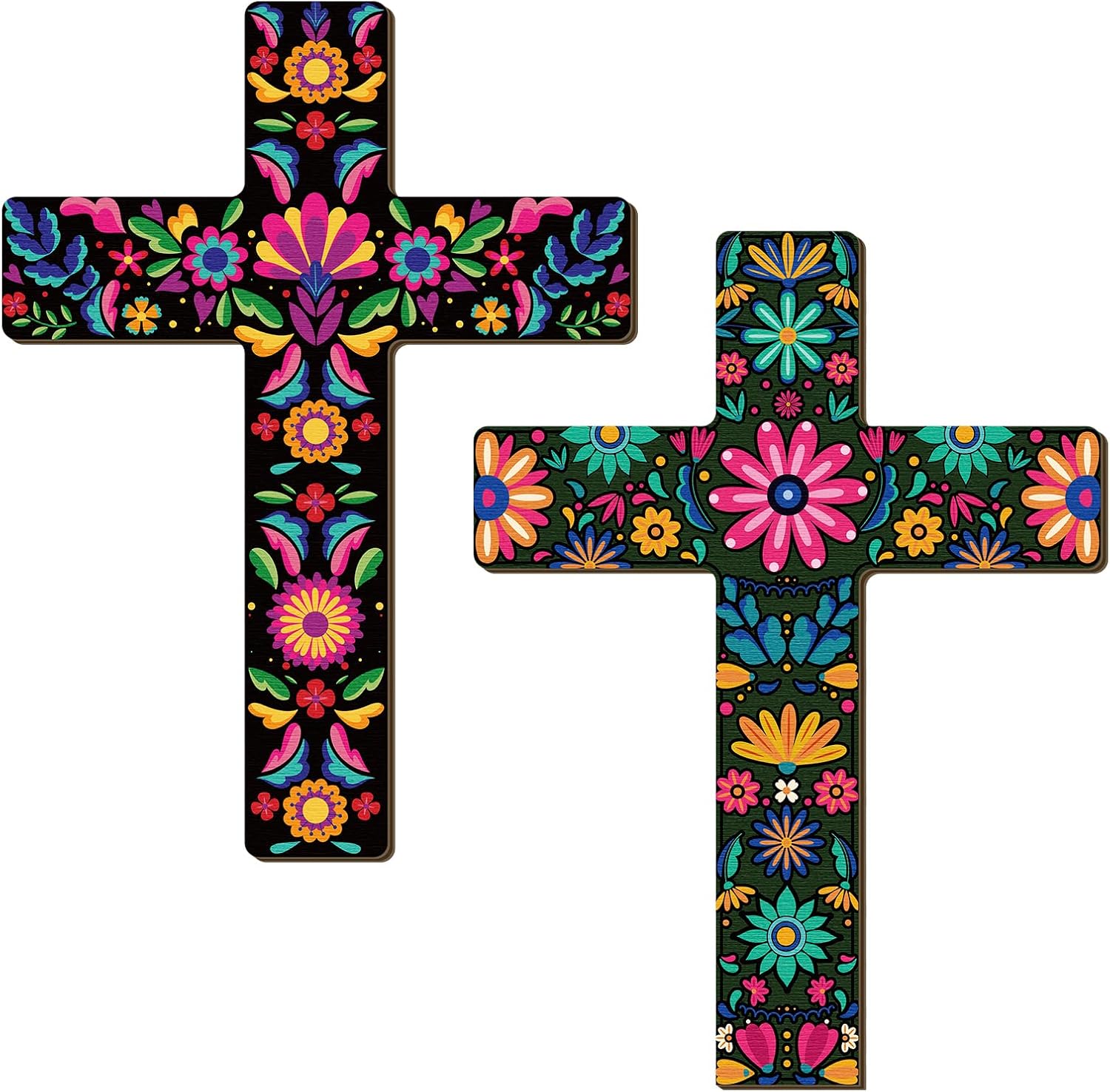 Pinkunn 2 Pcs Floral Cross Wall Decor Mexican Cross Decor Hand Painted Wood Wall Art Mexican Wall Art Spanish Style Crucifix Wall Cross for Home Room Church Decoration (8.7 x 11.8 inches)