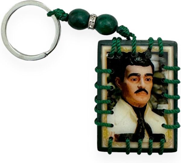 St Jude Jesus Malverde Green Wooden Rectangle Keychain with Green Beads Gift Keepsake Collectible Accessory Llavero