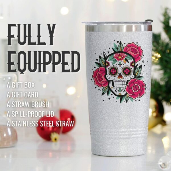 Onebttl Sugar Skull Gifts for Women, Day of the Dead, 20 oz Travel Tumbler with Lid, Brush, and Straw, Mexican Gifts, Silver Glitter - Image 5