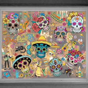 9PCS Day of The Dead Window Clings Decals for Glass Windows Removable, Double-Side Sugar Skull Dia de Los Muertos Window Sticker for Mexican Supplies Party Decoration Accessories