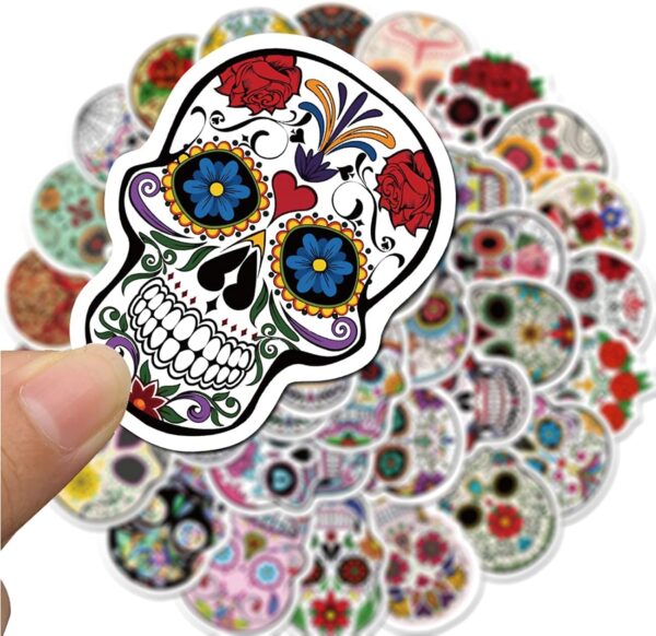 50pcs Halloween Sugar Skull Stickers, Dia de Los Muertos Mexican Day of Dead Stickers Decals, Candy Skull Stickers for Laptop Water Bottle Luggage Bike Computer - Image 5
