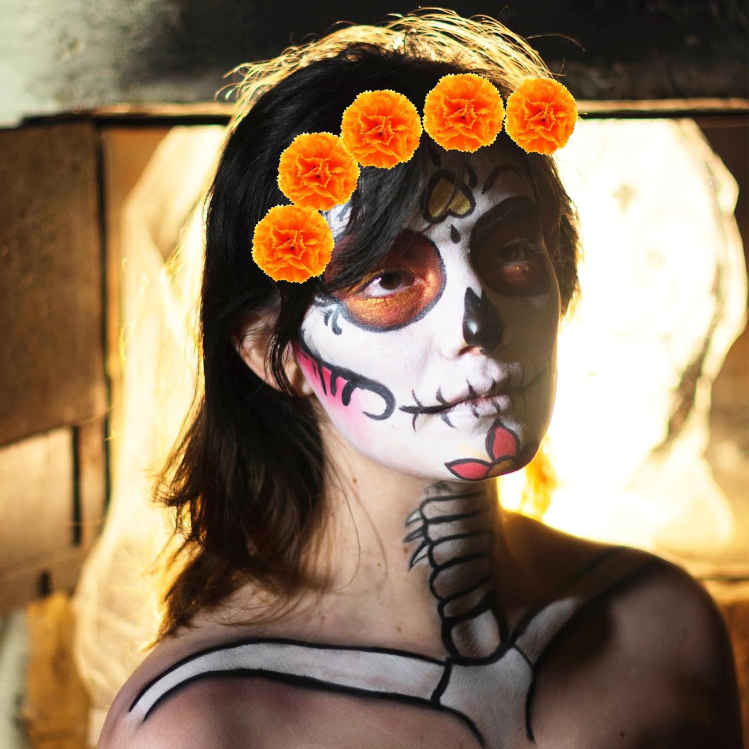 Hananona 50Pcs Artificial Marigold Flower Heads, Silk Marigold Heads Bulk Fake Flowers for Dia De Los Muertos Decor DIY Marigold Garland Day of The Dead Decorations - Image 7