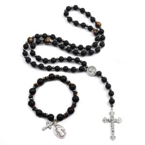 Rosary Beads Catholic, 8mm Lava Rocks Rosary Black Beads Necklace with 10mm Lava Rocks St Benedict Cross Bracelet, Rosarios Catolicos Triple Protection Necklace Bracelet Jewelry Sets Catholic Gifts