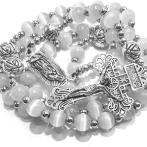 Catholic Rosary Necklace for Women & Men - White Stone & Stainless Steel Beads with St. Benedict Medal & Cross