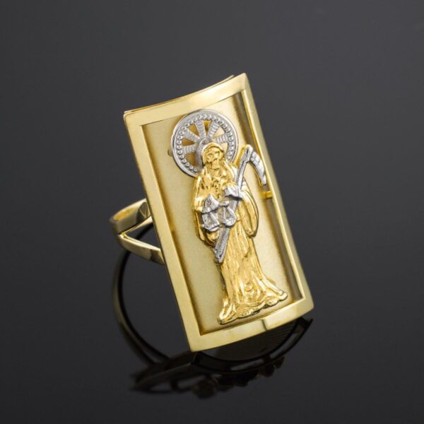 Religious Jewelry 14k Gold Long Santa Muerte Shield Ring (12.7 x 22.8 mm) - Image 2