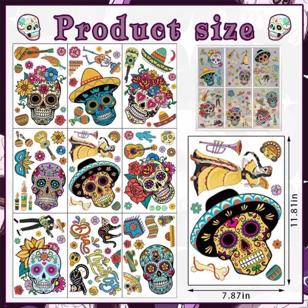 9PCS Day of The Dead Window Clings Decals for Glass Windows Removable, Double-Side Sugar Skull Dia de Los Muertos Window Sticker for Mexican Supplies Party Decoration Accessories - Image 2