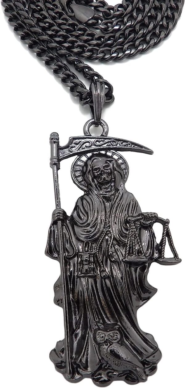 MENS SANTA MUERTE OUR LADY OF HOLY DEATH PENDANT BOX,ROPE CUBAN CHAIN NECKLACE (Cuban Chain Black)