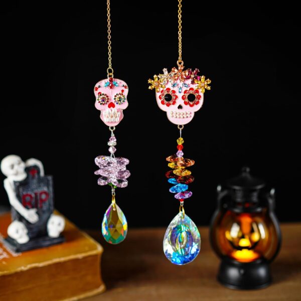 Skull-Shaped Colorful Rhinestones Pendant, Crystal Beads Chain with Glass Chandelier Suncatcher Drops Prisms Hang Ornament, Pack of 2 - Image 8
