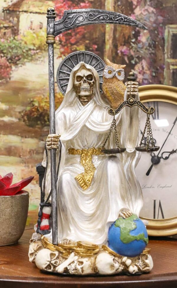 Ebros Gift 9" Tall Bone Mother Holy Death White Tunic Robe Santa Muerte with Scythe and Scales Sitting On Throne Statue Day of The Dead Patron of Purity and Protection - Image 8