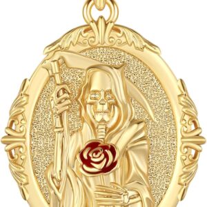 Santa Muerte Necklace 925 Sterling Silver Unisex Holy Death Pendant Vintage Grim Reaper Santa Muerte Amulet Necklace Jewelry for Women Men with Jewelry Box