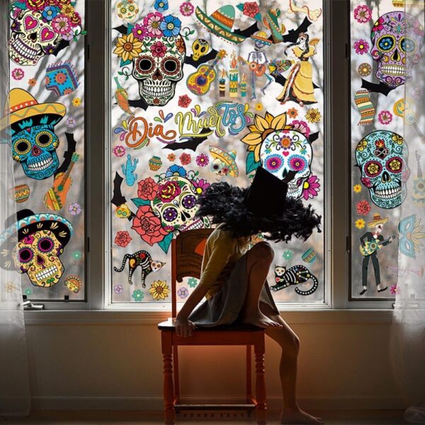 9PCS Day of The Dead Window Clings Decals for Glass Windows Removable, Double-Side Sugar Skull Dia de Los Muertos Window Sticker for Mexican Supplies Party Decoration Accessories - Image 3