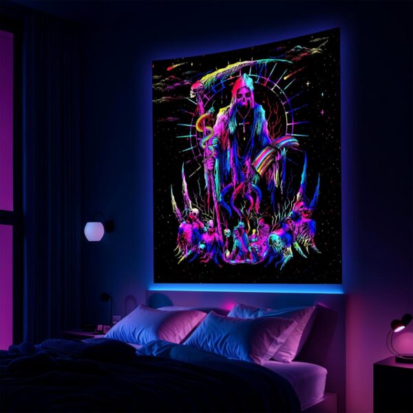 Avinyl Blacklight Skull Tapestry for Bedroom, Black Light Grim Reaper Skeleton Tapestries for Men, UV Reactive Cool Gothic Poster Wall Hanging for Girls Living Room Dorm Decor (51in x 60in) - Image 4