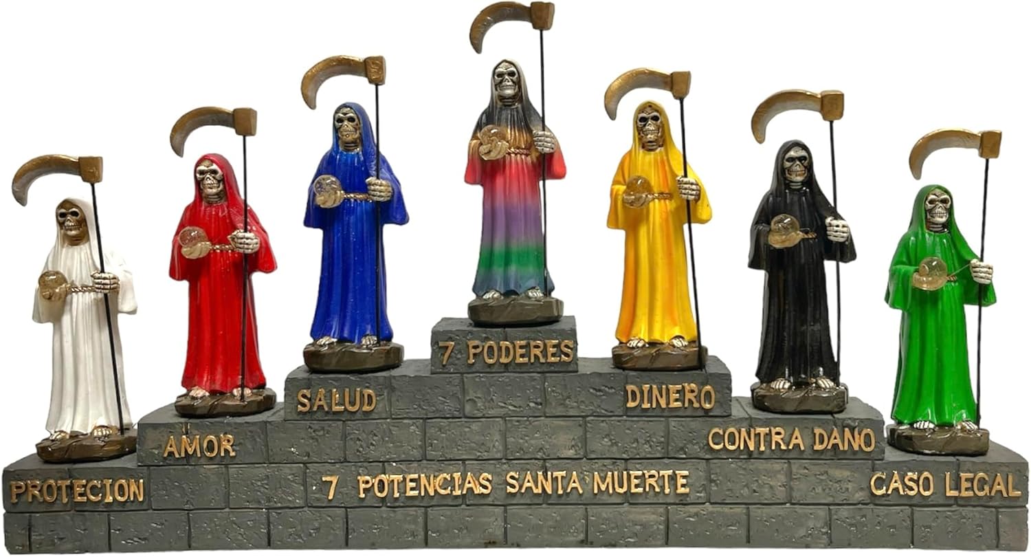 Statues Mario's Collection 7 potencias Santa Muerte 6" Height 13" Lenght Resin Holy Death Grim Reaper Skull 7 Santa muertes