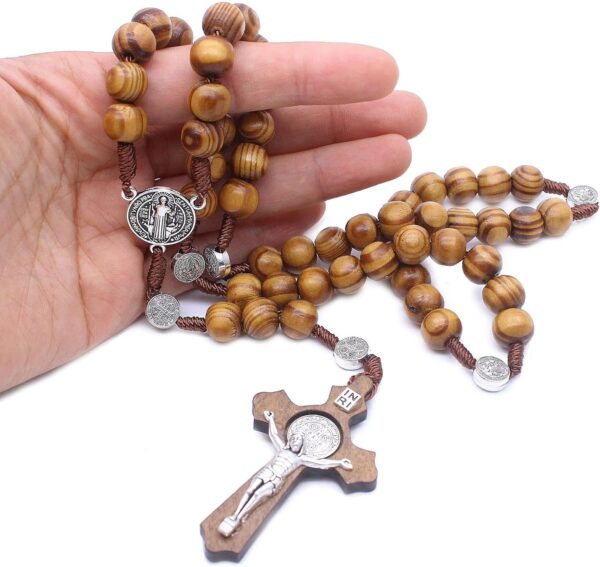 2 Pack Catholic Rosaries Handmade Wooden, Rosary Beads Necklace From Christian Prayer Holy Soil Medal & Metal Cross For Catholic Gift, brown, gray - Image 3