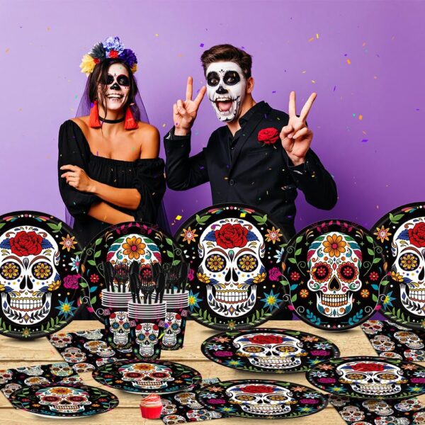 140Pcs Day of the Dead Party Supplies Sugar Skull Tableware Set Día de los Muertos Party Decorations Plates and Napkins, Halloween Birthday Party Supplies,Serve for 20 Guests - Image 4