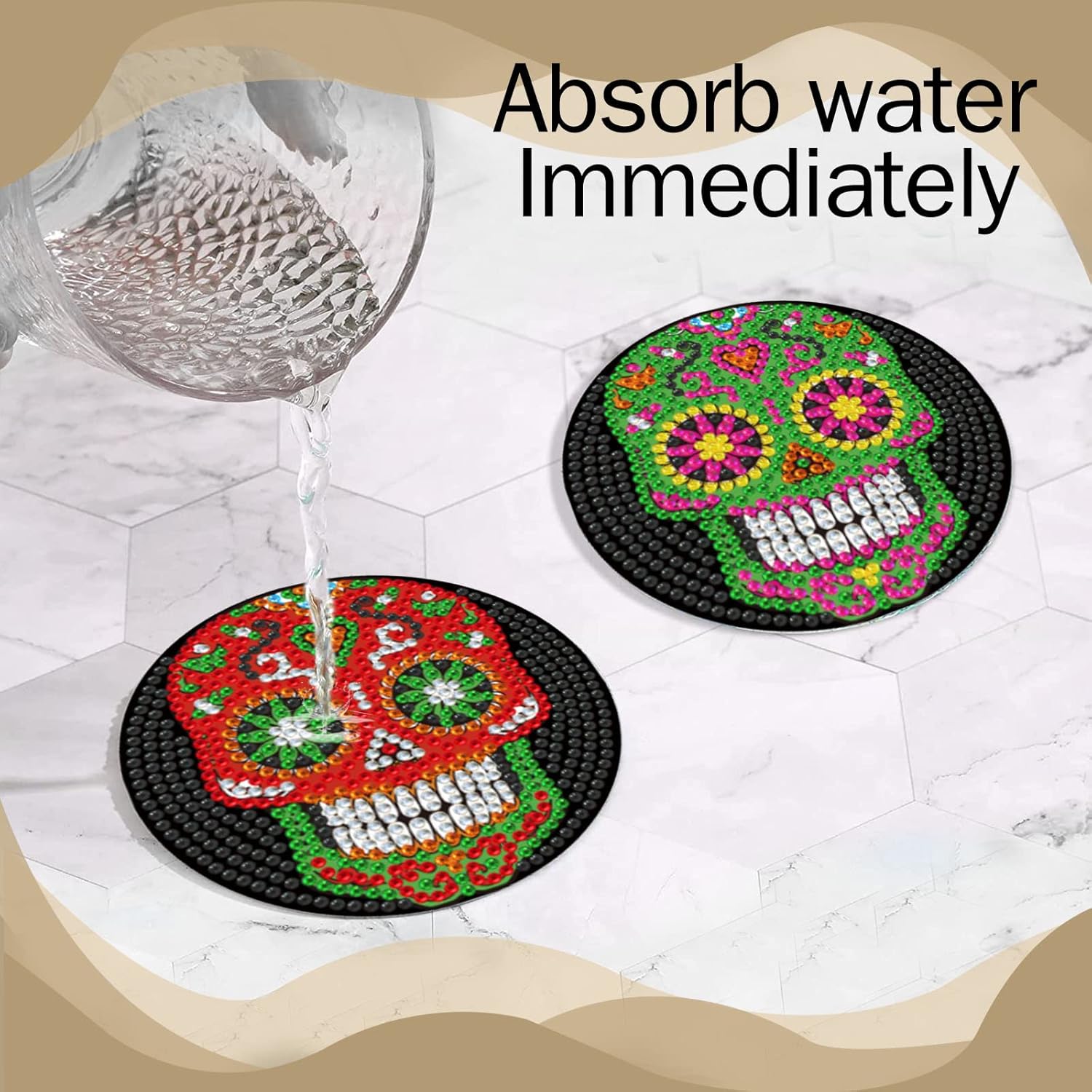 6 Pcs Skull DIY Diamond Paintings Coasters Kits with Holder,Skeleton Flower 5D Diamond Art Coasters Set,Full Drill Rhinestone Painting Kits for Adults & Kids,Beginners Art Craft Supplies - Image 6