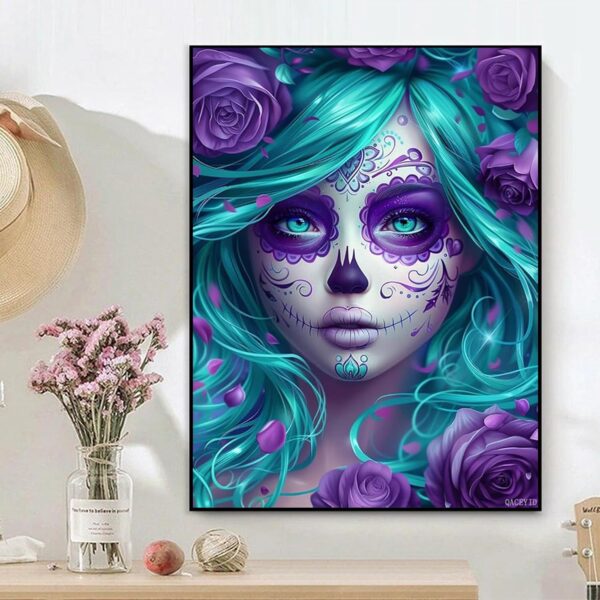 QACEYID 5D Diamond Art Painting Kits Cute Sugar Skull Woman Surrounded by Roses DIY Round Full Drill Diamond Paint by Diamond Number Kits for Beginners Crystal Cross Stitch Wall Decoration 30x40cm - Image 3