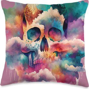 Watercolor Skull in Rainbow Clouds Dia De Los Muertos Art Throw Pillow, 16x16, Multicolor