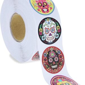 Juvale 1000 Pcs Dia de Los Muertos Skull Sticker Roll, 8 Vibrant Calavera Designs, 1.5 in, Dia de Muertos Stickers for Halloween Candy Bags, Party Favors, Decorations, Day of The Dead Decor