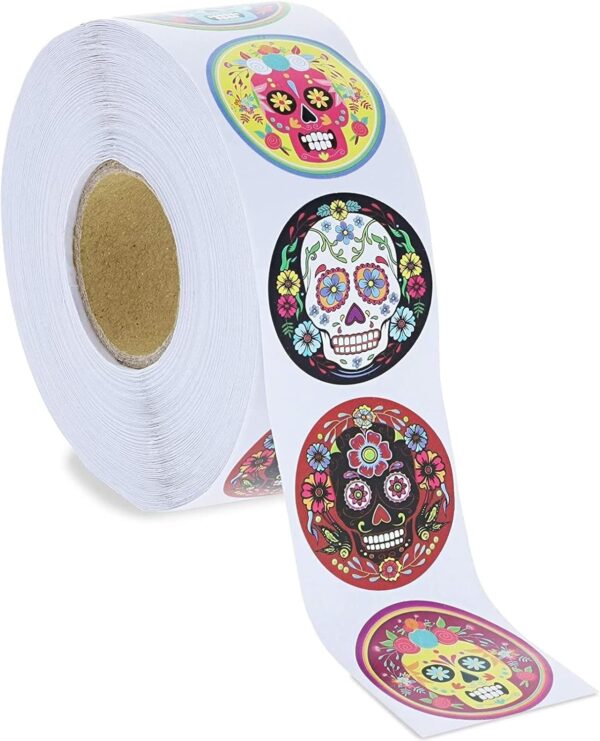 Juvale 1000 Pcs Dia de Los Muertos Skull Sticker Roll, 8 Vibrant Calavera Designs, 1.5 in, Dia de Muertos Stickers for Halloween Candy Bags, Party Favors, Decorations, Day of The Dead Decor