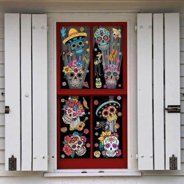 9PCS Day of The Dead Window Clings Decals for Glass Windows Removable, Double-Side Sugar Skull Dia de Los Muertos Window Sticker for Mexican Supplies Party Decoration Accessories - Image 5