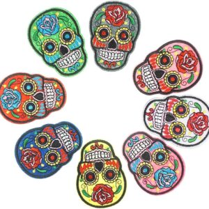 Skull Iron On Patches,Sugar Skull Embroidery Sew On Appliques Ghost Head Cloth Chest Sticker Punk Rock Patches,Perfect for Jeans, Jackets, Bags, Vest, Arts and Crafts(Assorted Color,8 PCS)