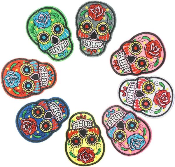 Skull Iron On Patches,Sugar Skull Embroidery Sew On Appliques Ghost Head Cloth Chest Sticker Punk Rock Patches,Perfect for Jeans, Jackets, Bags, Vest, Arts and Crafts(Assorted Color,8 PCS)