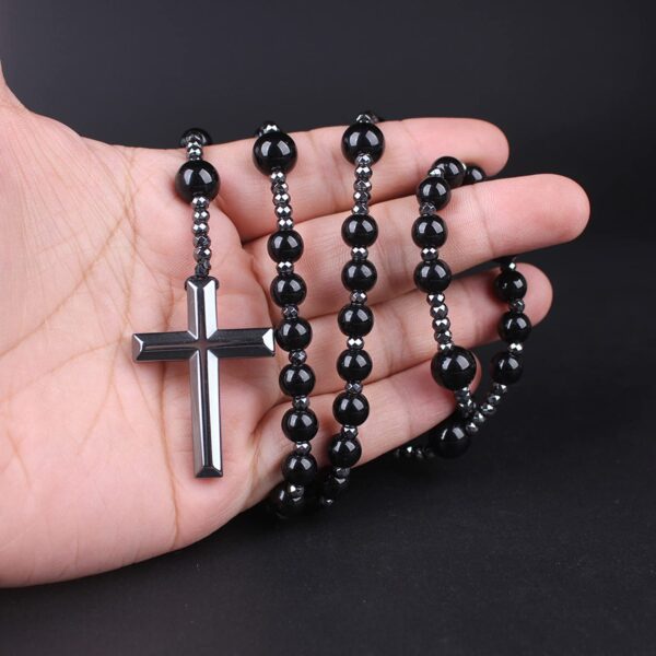 Tiger Eye Cross Necklace Black Obsidian and Hematite Christ Rosary Healing Crystal Necklaces with Cross Pendant Men Necklace Meditation Jewelry (Matte Black) - Image 6