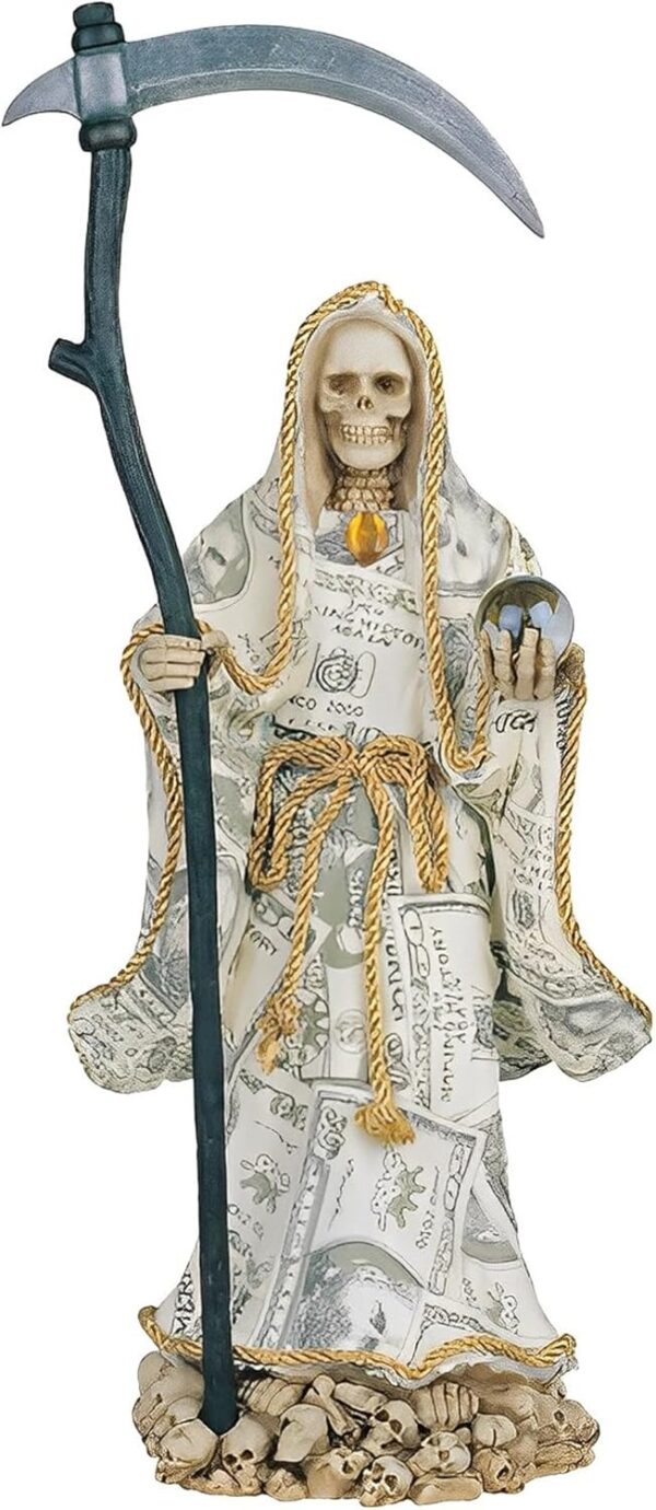 ICE ARMOR 16" H Santa Muerte Holding Scythe with Money Robe Statue Our Lady of The Holy Death Figurine Religious Decoration