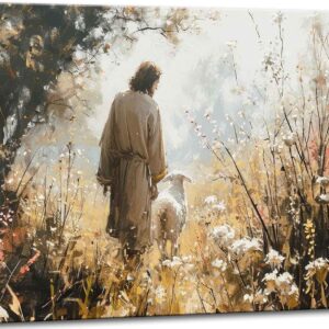 1Pcs Vintage Framed Jesus Lamb Paintings Canvas Wall Art Shepherd Flock Paintings Christian Wall Decor Modern Pictures Religious Art Print for Living Room Bedroom Decoration12inx16in