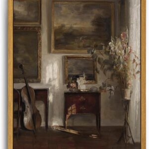 Roslynity Framed Canvas Wall Art Vintage Print Oil Paintings Moody Still Life Interior With Cello Sunshine Neutral Retro Aesthetic Artwork for Home Living Room Bathroom Wall Decor (8"x10")