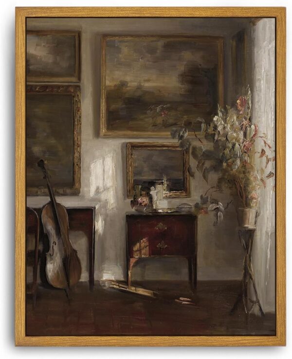 Roslynity Framed Canvas Wall Art Vintage Print Oil Paintings Moody Still Life Interior With Cello Sunshine Neutral Retro Aesthetic Artwork for Home Living Room Bathroom Wall Decor (8"x10")