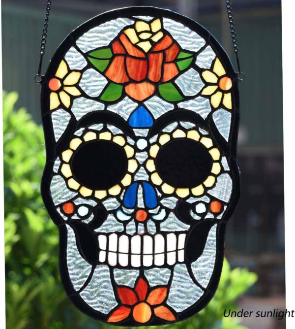 Bieye W10105 Sugar Skull Tiffany Style Stained Glass Window Panel for Home Decor, 8" W x 13" H - Image 2