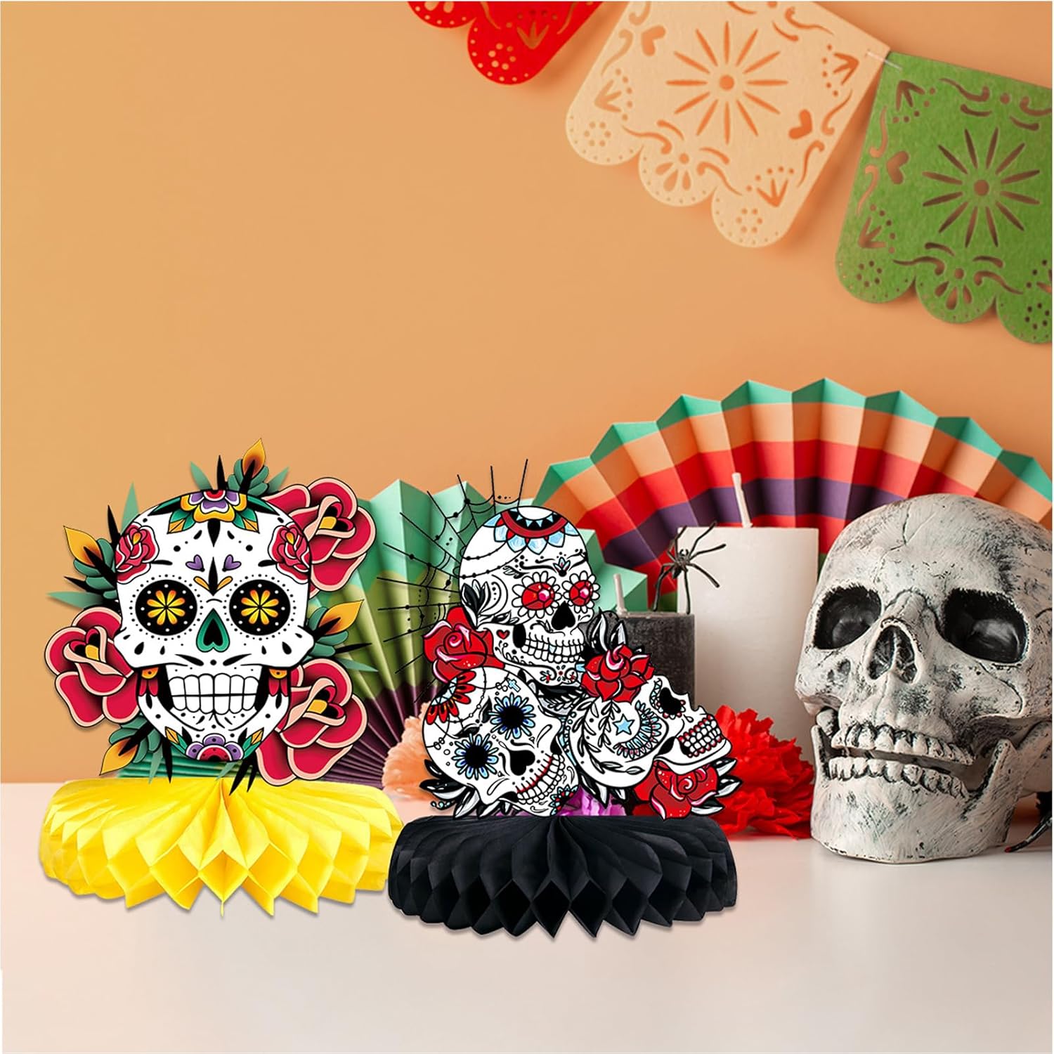 Day of The Dead Decorations - 9 Pieces Dia De Los Muertos Honeycomb Table Toppers Cutouts Sugar Skull Flowers Centerpieces Day of The Dead Decor Mexican Party Supplies - Image 2