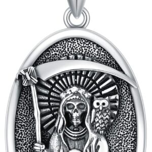 PELOVNY Santa Muerte Necklace 925 Sterling Silver Saint Holy Death Grim Reaper Necklace Day of the Dead Jewelry Gifts for Men Women