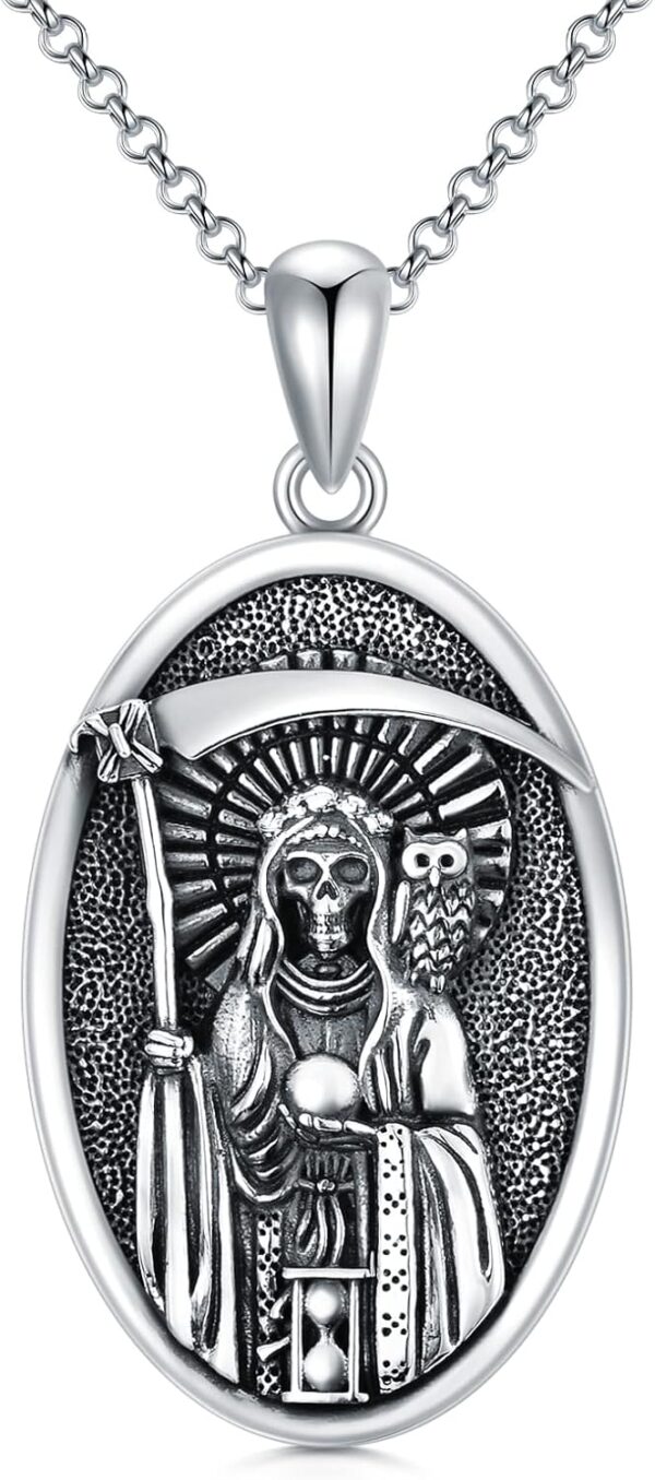 PELOVNY Santa Muerte Necklace 925 Sterling Silver Saint Holy Death Grim Reaper Necklace Day of the Dead Jewelry Gifts for Men Women