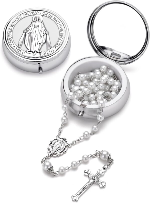 Rosary Beads Catholic for Women, Catholic Gifts, Glass Pearl Beads, Virgin Mary Medal - First Communion Rosary for Girls with Virgin Mary Miraculous Gift Box and 18pcs Prayer Cards - Image 5