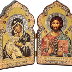 Needzo Jesus Christ Icon Diptych - Christ The Teacher Virgin of Vladimir Orthodox Catholic Icons 4 Inch, Religious Gift, Image of Jesus Christ Byzantine Style Icon