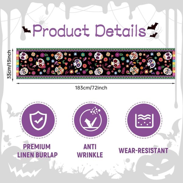 Day of The Dead Table Runner 72 x 13 Inch Decorations, Dia De Los Muertos Sugar Skull Mexican Fiesta Carnival Table Cover Decor, Rustic Linen Altar Themed Party Supplies for Home Kitchen Dining Mantel - Image 2