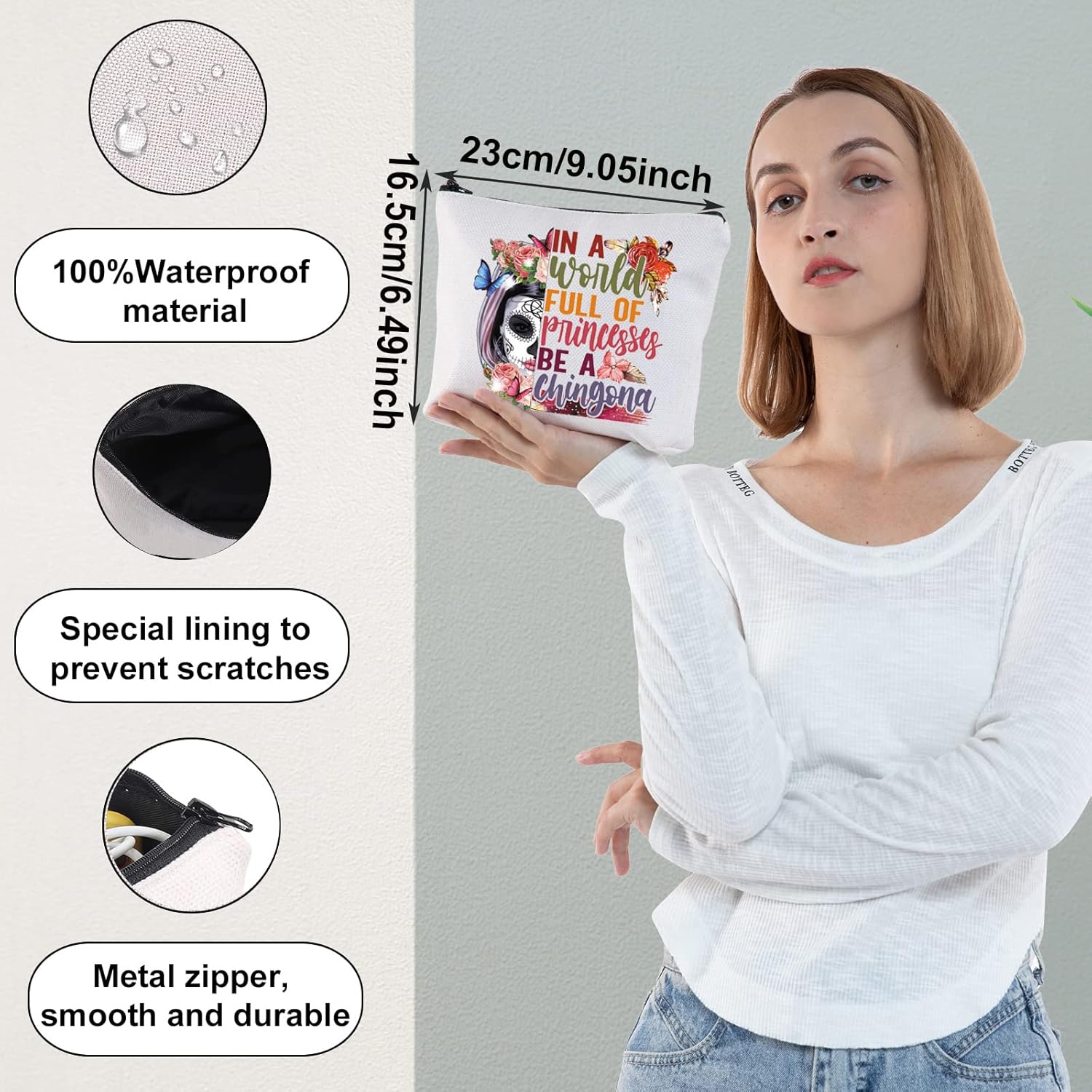 WZMPA Sugar Skull Cosmetic Makeup Bag Mexican Dia De Los Muertos Gift In A World Full Of Princesses Be A Chingona Zipper Pouch Bag For Women Girls (Be Chingona) - Image 2