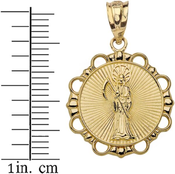 Saint Collection Solid 10k Yellow Gold Santa Muerte (Grim Reaper) Round Charm Pendant - Image 2