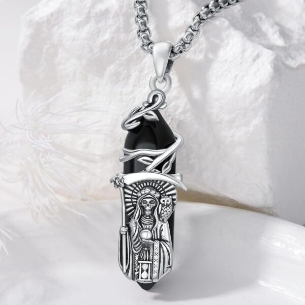 PELOVNY Santa Muerte Necklace 925 Sterling Silver Grim Reaper Crystal Pendant Day of the Dead Jewelry Gifts for Halloween Fathers Day Birthday Christmas Men Women - Image 4