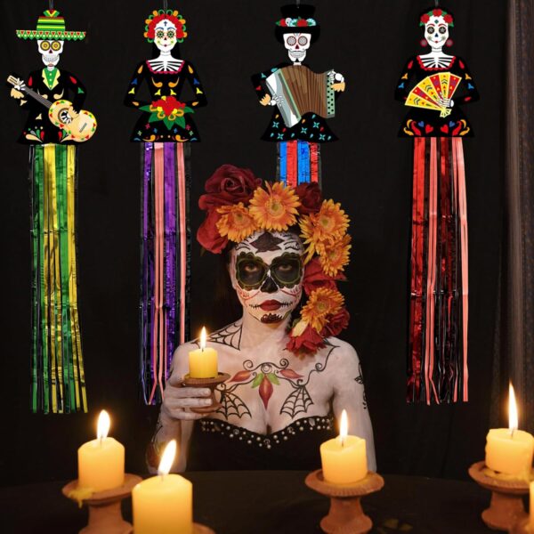 4pcs Large Day of The Dead Decorations, 4.06ft Dia De Los Muertos Hanging Sugar Skull Decor, Ofrenda for Altar, Halloween, Home, Party, Outdoor & Indoor, Office - Image 2