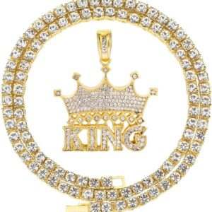 HH BLING EMPIRE 14k Gold Silver Plated Hip Ho Rapper Pendant Chain Necklace for Men, Iced Out Diamond King Pendant with Rope Tennis Chains 22 Inch