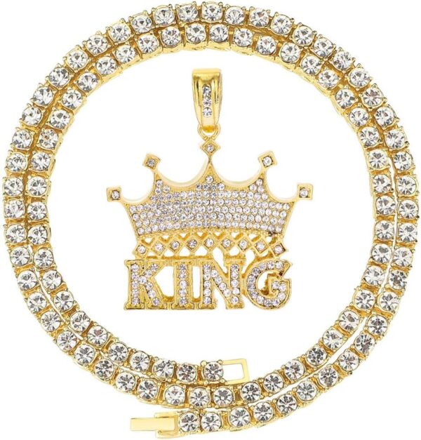 HH BLING EMPIRE 14k Gold Silver Plated Hip Ho Rapper Pendant Chain Necklace for Men, Iced Out Diamond King Pendant with Rope Tennis Chains 22 Inch