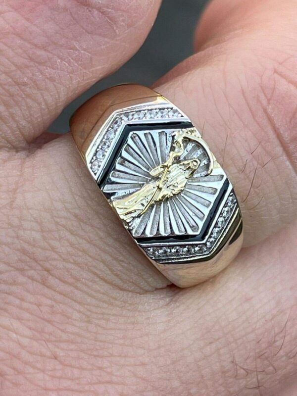 HarlemBling Real Solid 925 Sterling Silver - Grim Reaper Santa Muerte Men's Ring - 14k Yellow Gold Finish - Diamond Cut Icy Ring For Men - Sizes 6-13 - Image 2